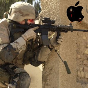 Soldier on wall with apple logo